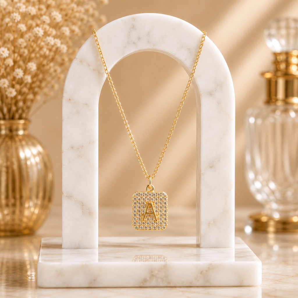 Mairah Gold Pave Initial 'A' Square Pendant Necklace.
