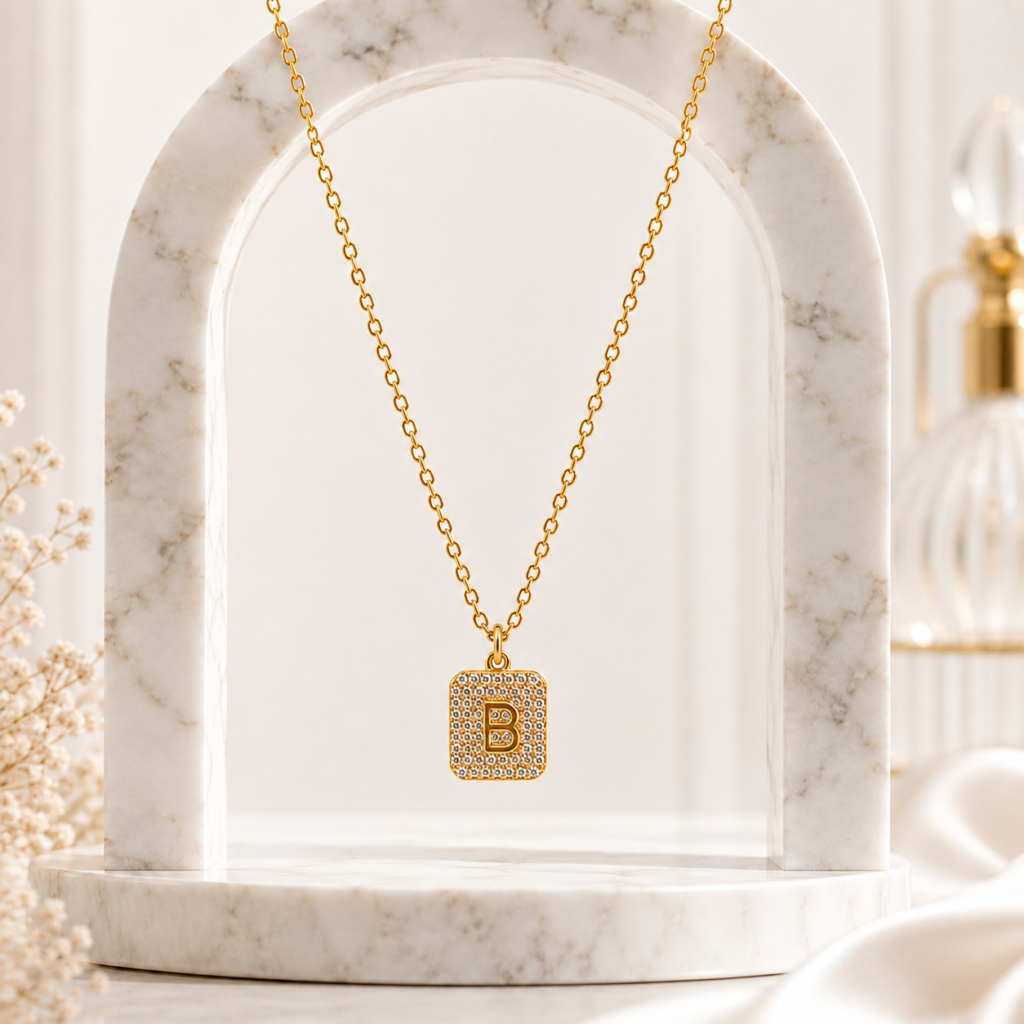 Mairah Gold Pave Initial 'B' Square Pendant Necklace.