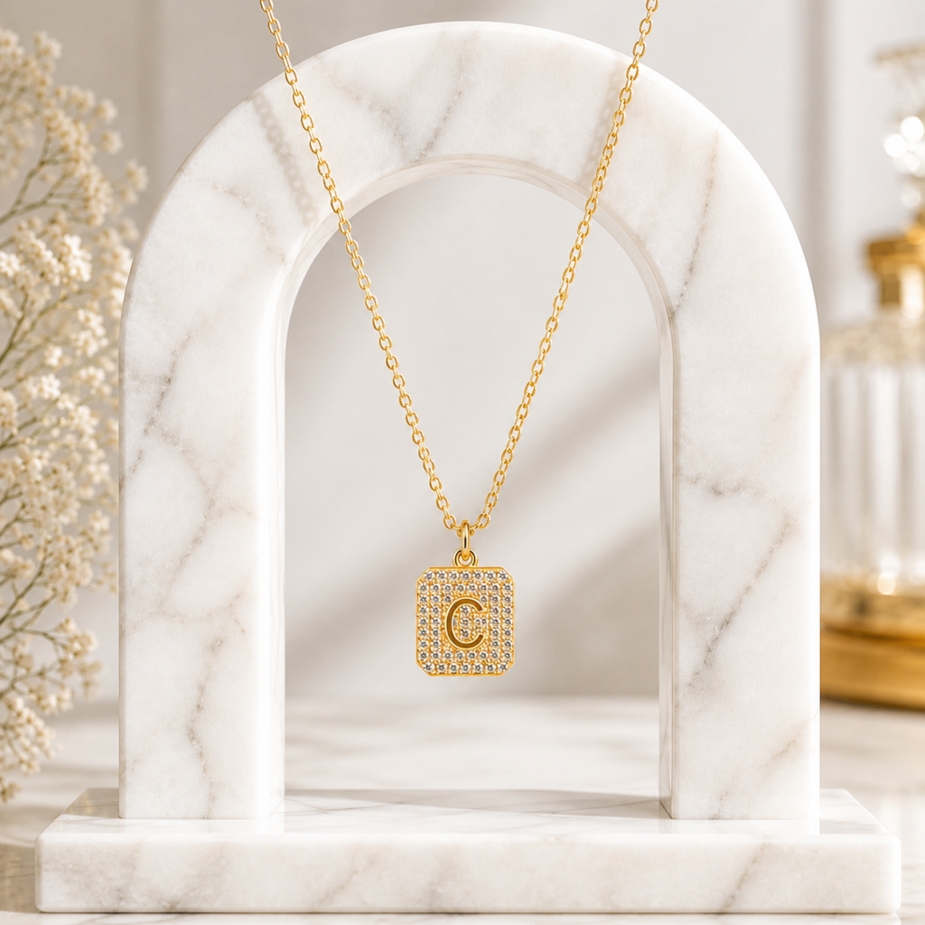Mairah Gold Pave Initial 'C' Square Pendant Necklace.