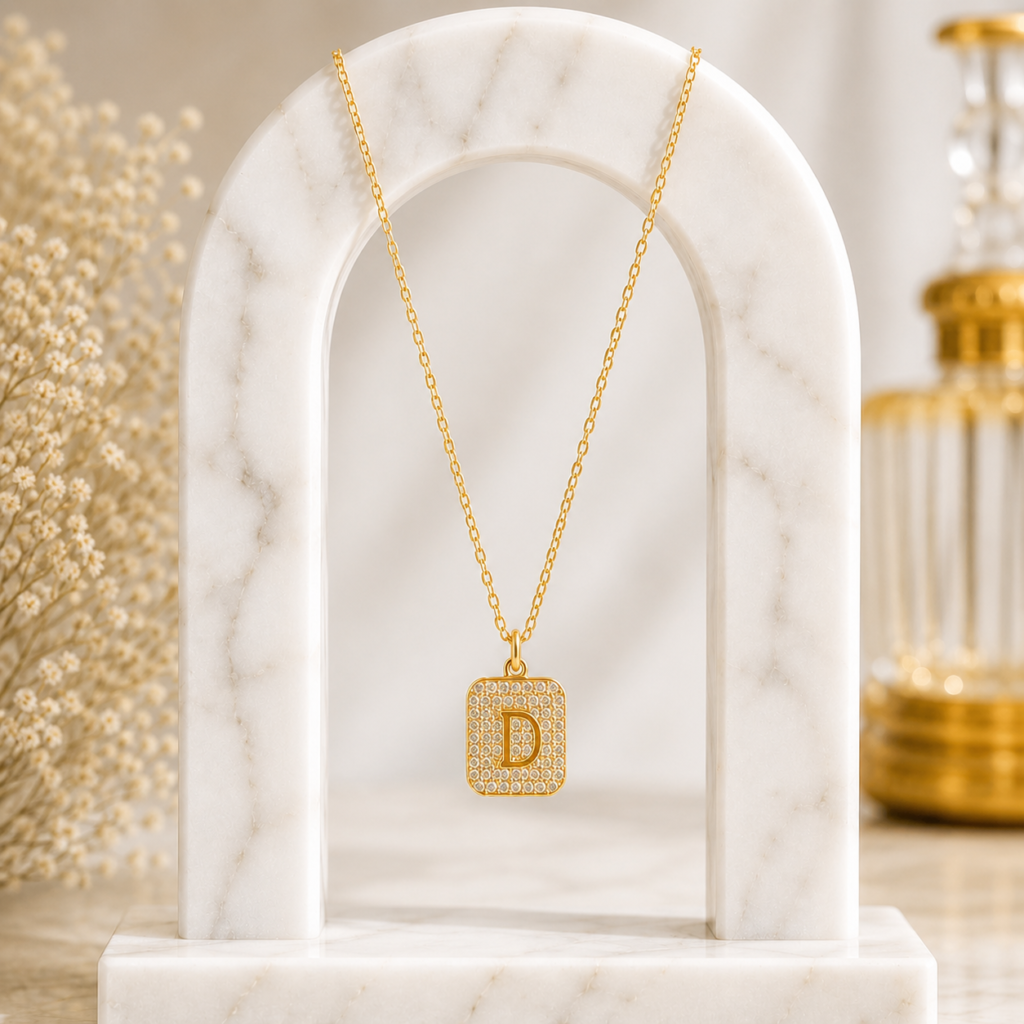 Mairah Gold Pave Initial 'D' Square Pendant Necklace.