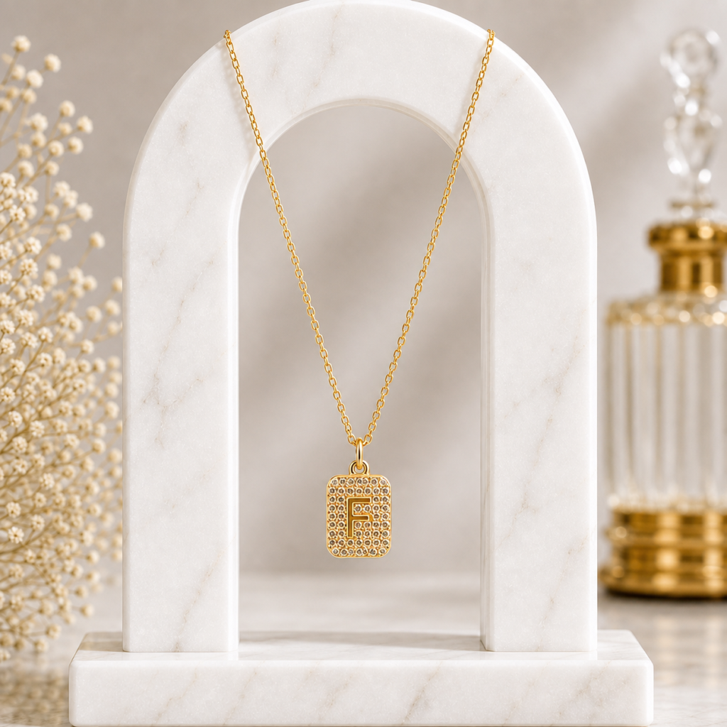 Mairah Gold Pave Initial 'F' Square Pendant Necklace.