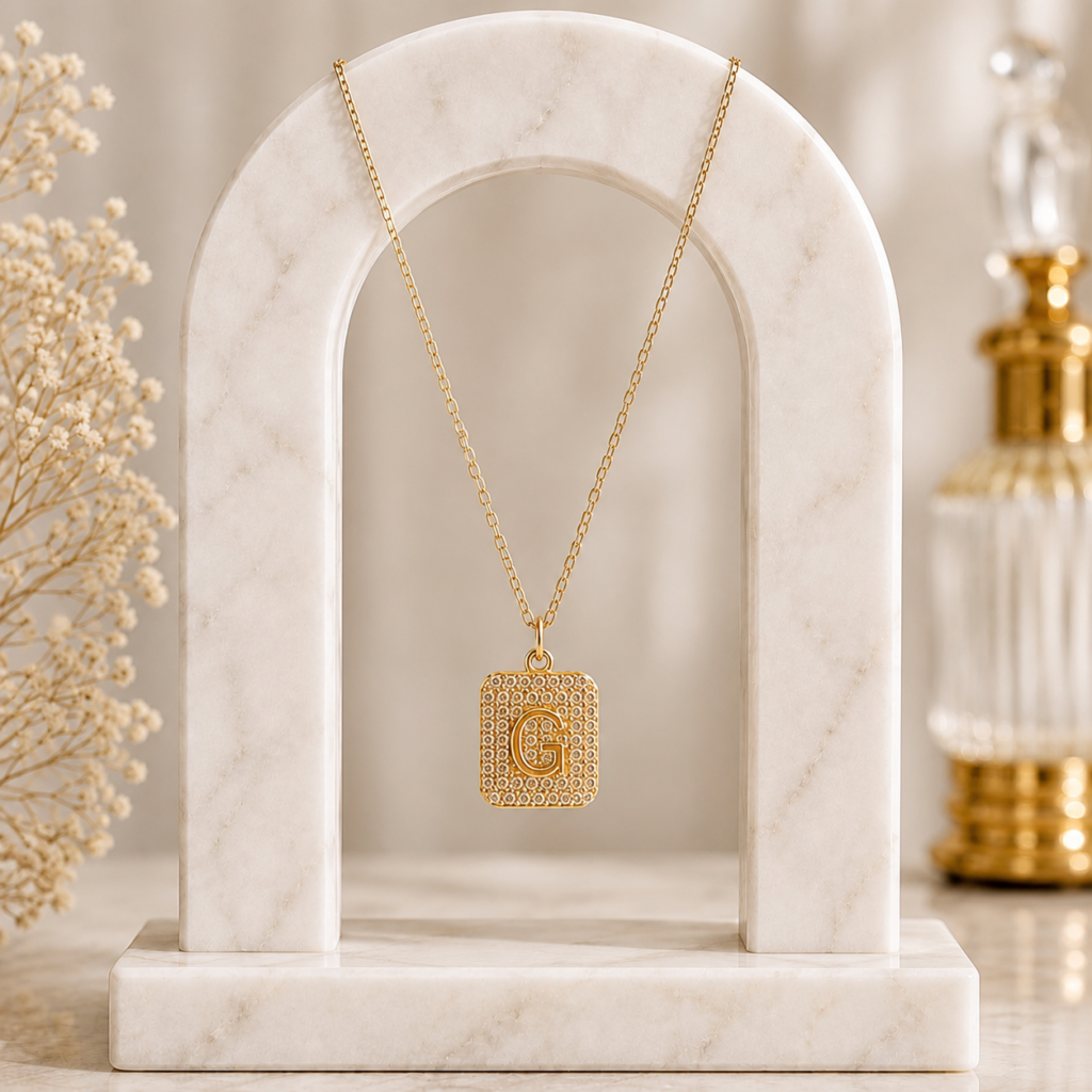 Mairah Gold Pave Initial 'G' Square Pendant Necklace.