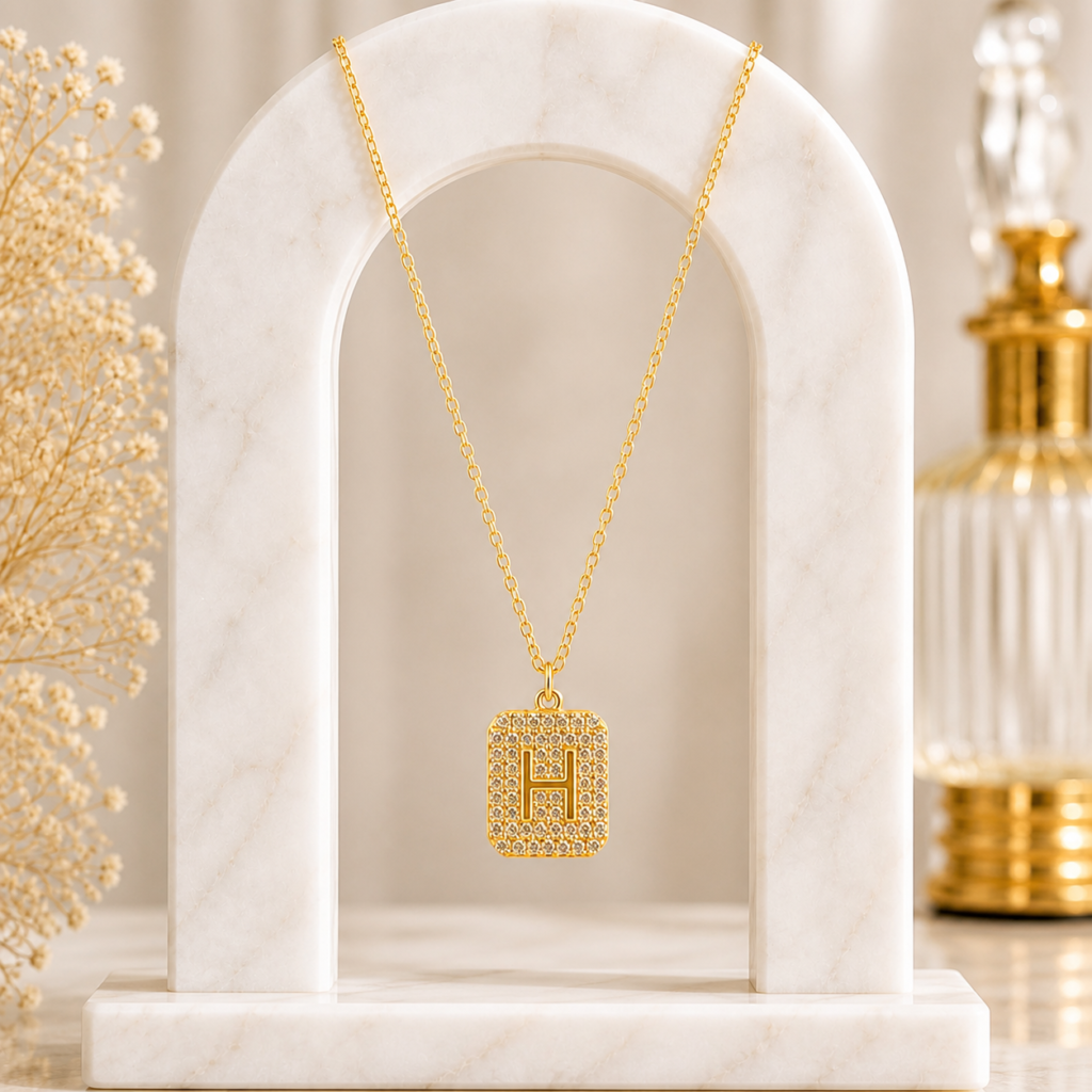 MairahGold Pave Initial 'H' Square Pendant Necklace.