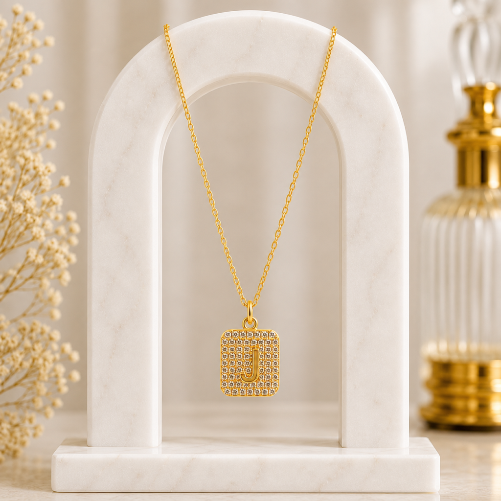 MairahGold Pave Initial 'J' Square Pendant Necklace.