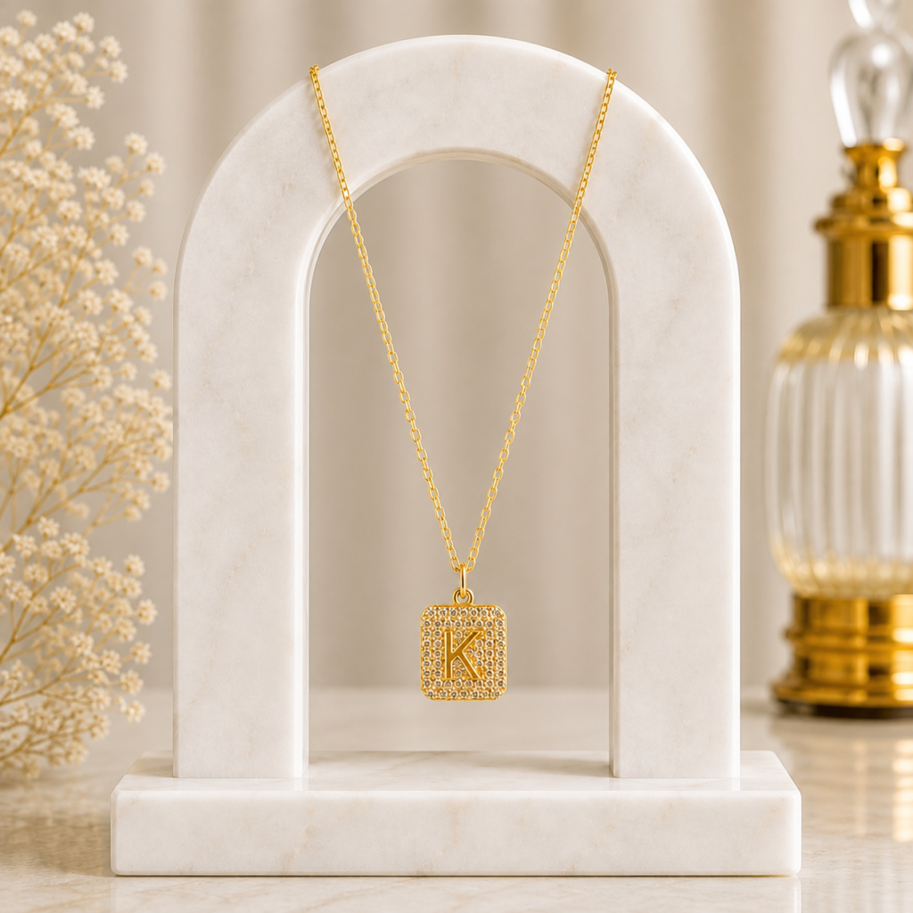 Mairah Gold Pave Initial 'K' Square Pendant Necklace.