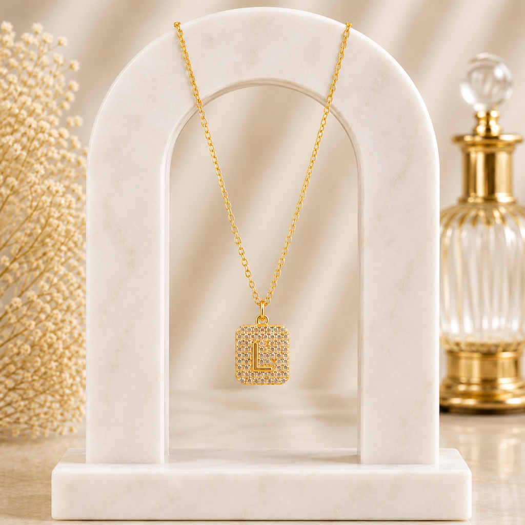 Mairah Gold Pave Initial 'L' Square Pendant Necklace.