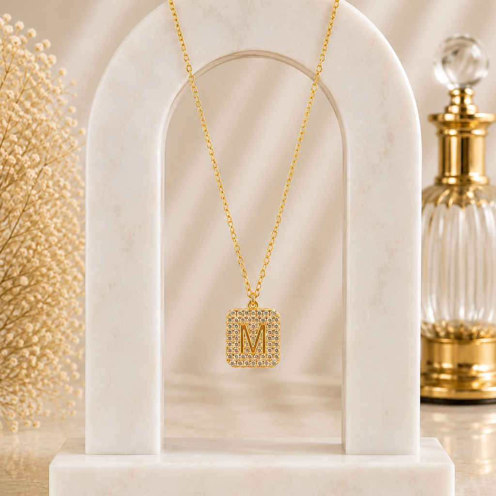 Mairah Gold Pave Initial 'M' Square Pendant Necklace.