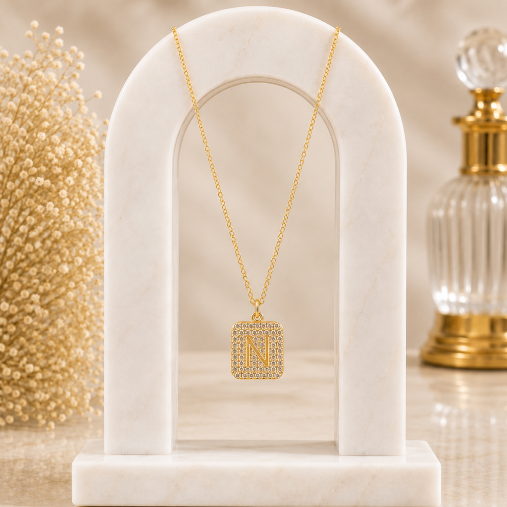 Mairah Gold Pave Initial 'N' Square Pendant Necklace.
