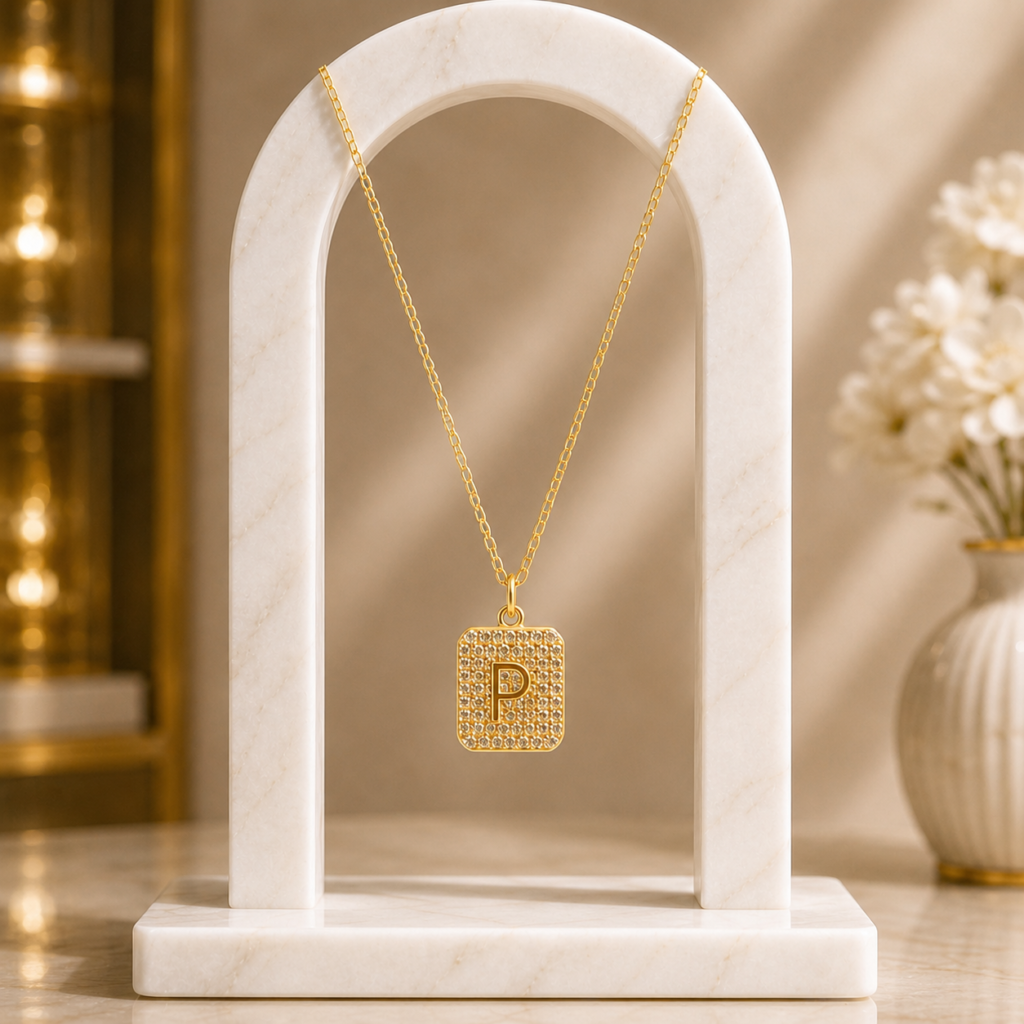Mairah Gold Pave Initial 'P' Square Pendant Necklace.