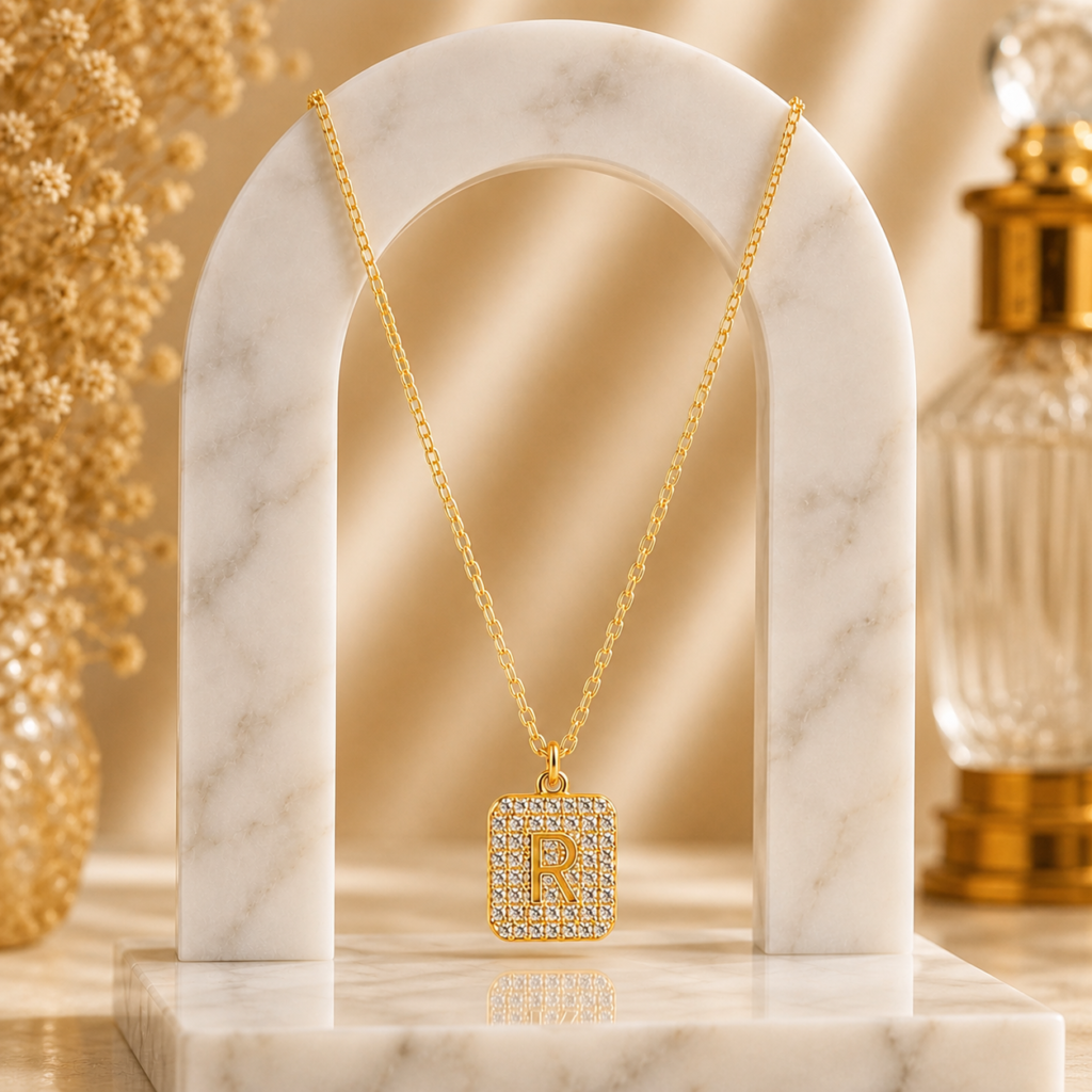 Mairah Gold Pave Initial 'R' Square Pendant Necklace.