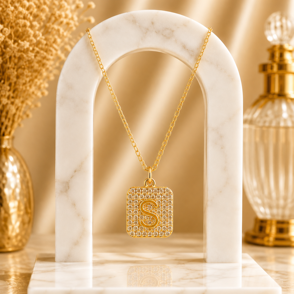 Mairah Gold Pave Initial 'S Square Pendant Necklace.