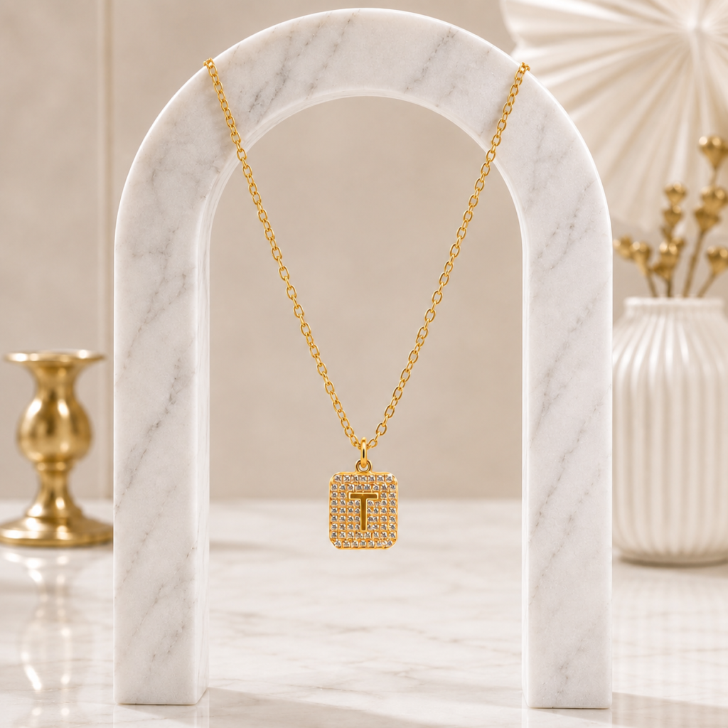 Mairah Gold Pave Initial 'T' Square Pendant Necklace.