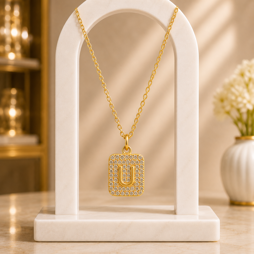 Mairah Gold Pave Initial 'U' Square Pendant Necklace.