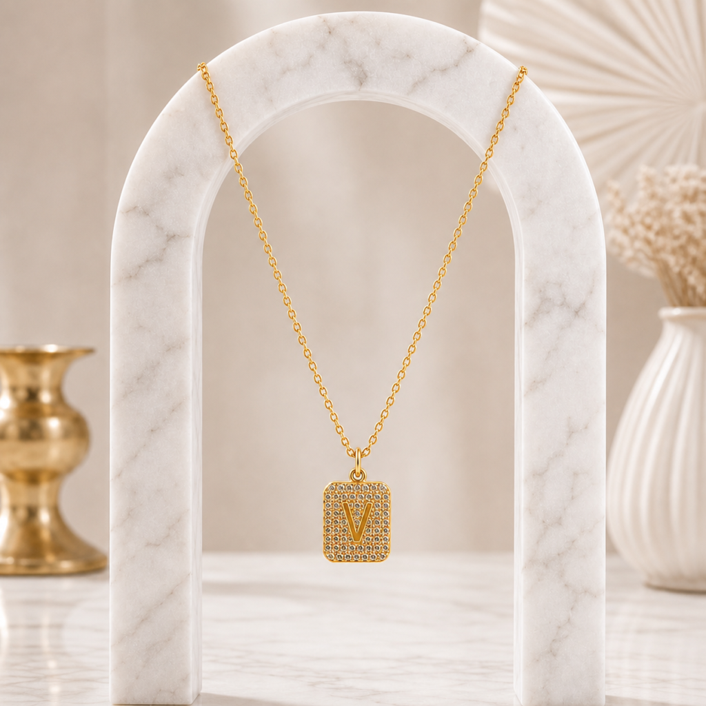 Mairah Gold Pave Initial 'V' Square Pendant Necklace.