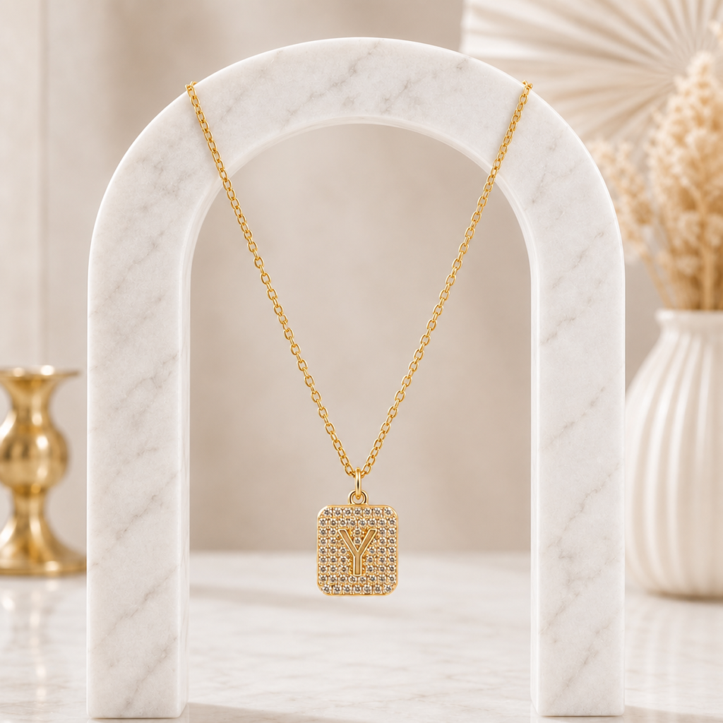 Mairah Gold Pave Initial 'Y' Square Pendant Necklace.