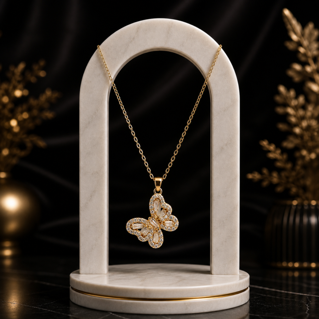 Mairah Golden Crystal Butterfly Halo Pendant Necklace