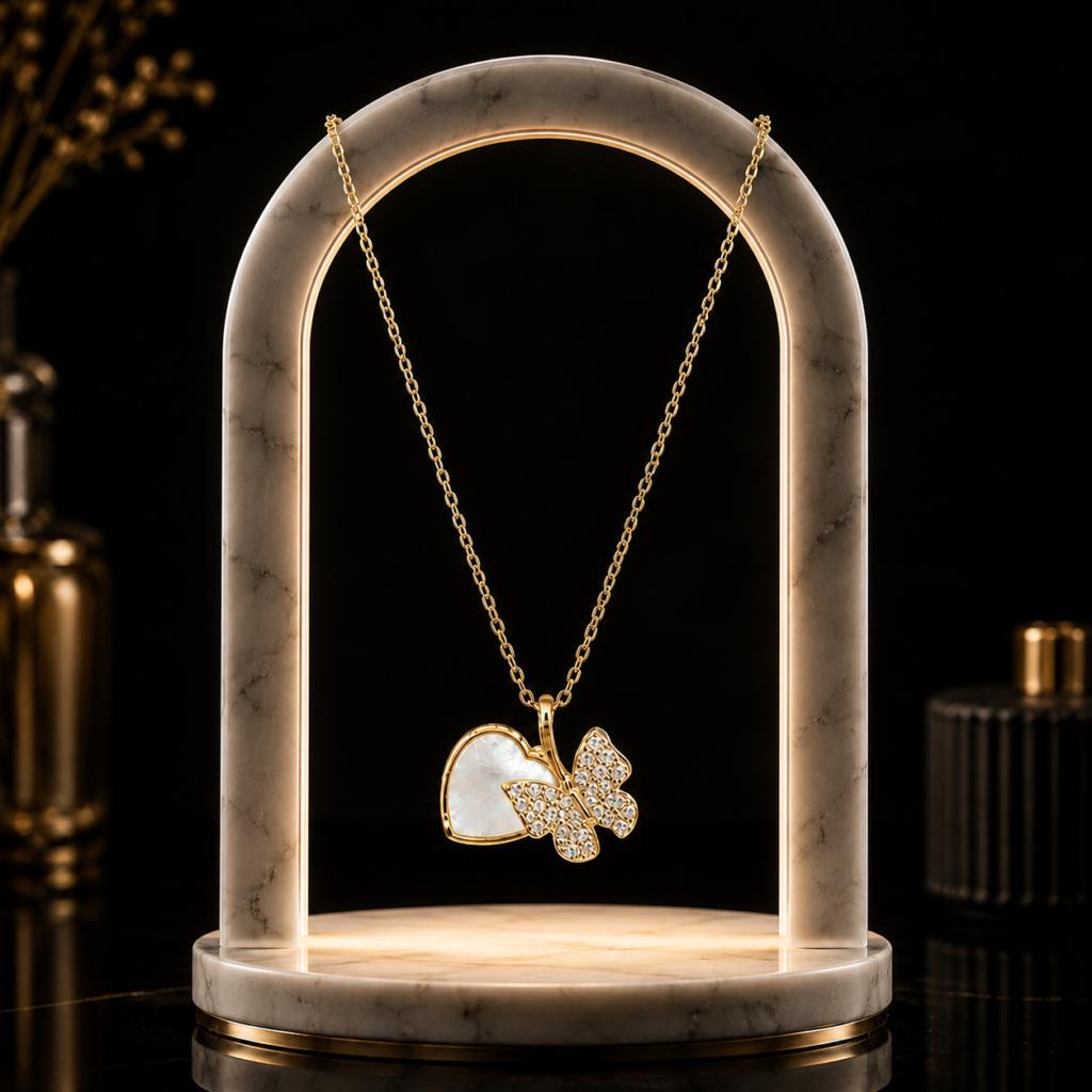 Mairah Golden Butterfly and Mother-of-Pearl Heart Necklace