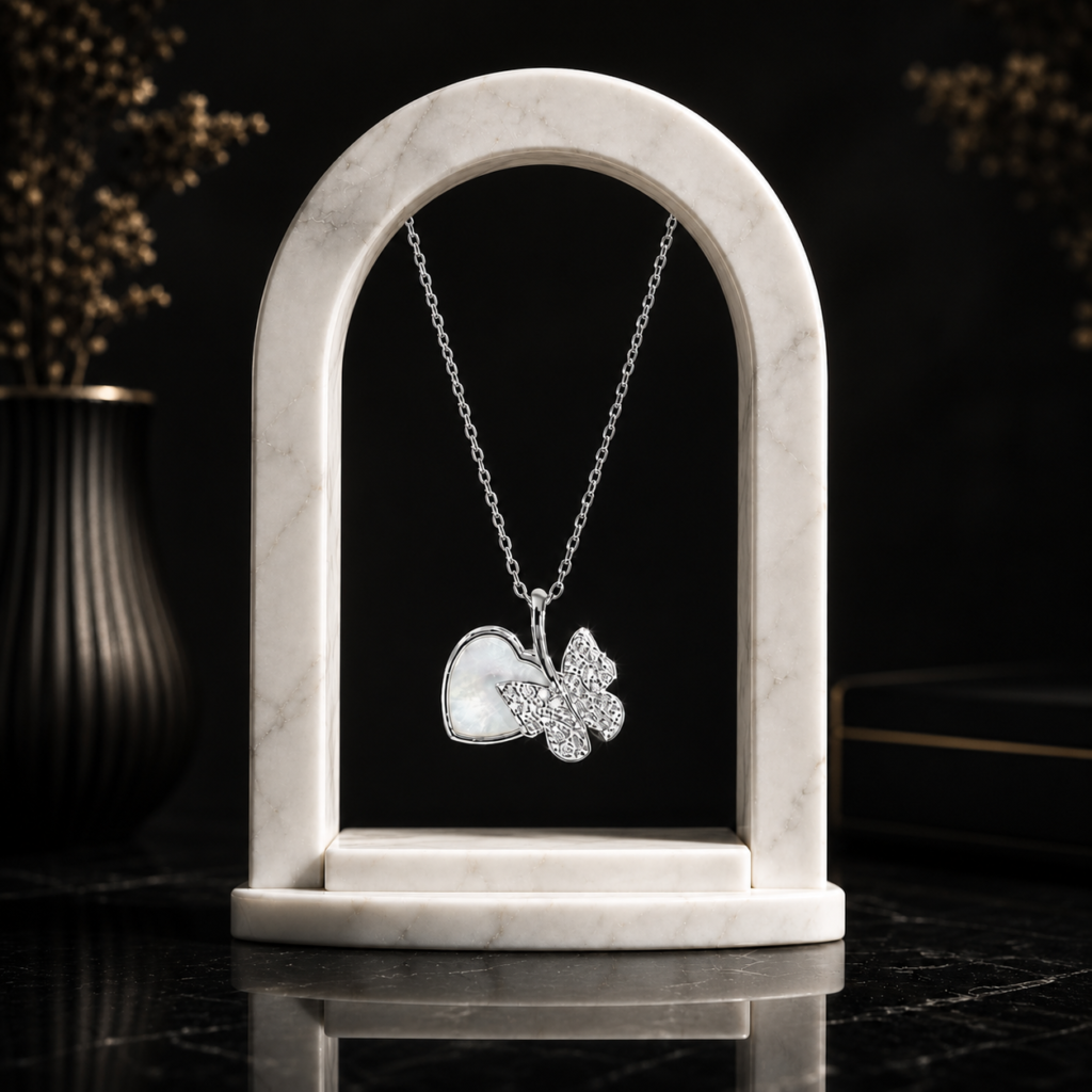 Mairah Silver Butterfly and Mother-of-Pearl Heart Necklace