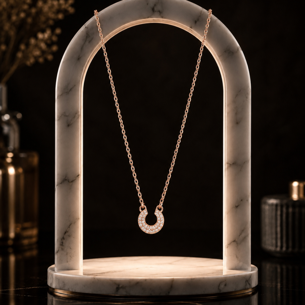 Mairah Rose Gold Baguette Horseshoe Halo Pendant Necklace