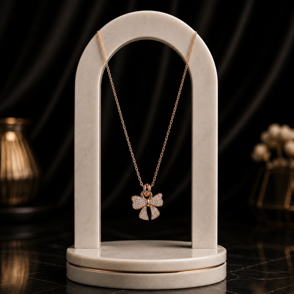 Mairah Rose Gold Sparkling Bow Ribbon Pendant Necklace