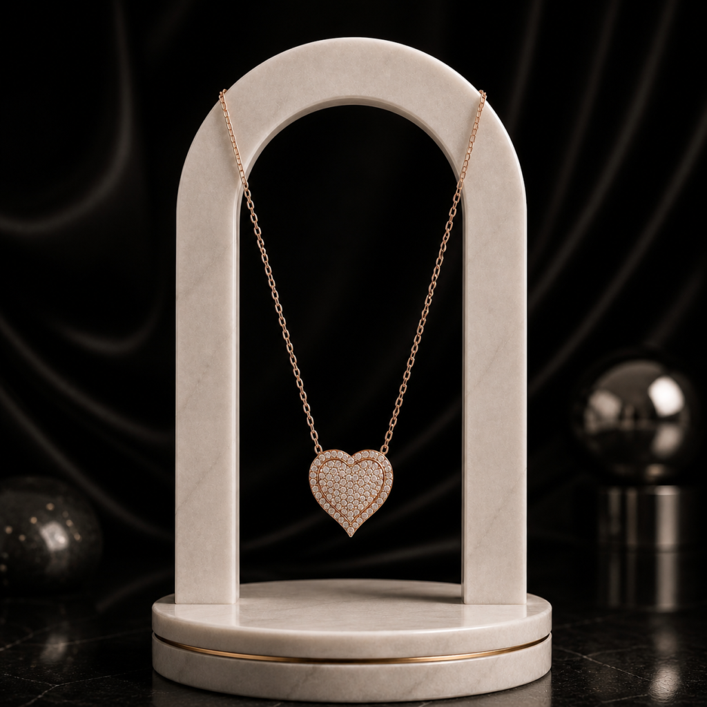 Mairah Rose Gold Baguette Halo Heart Sparkling Necklace