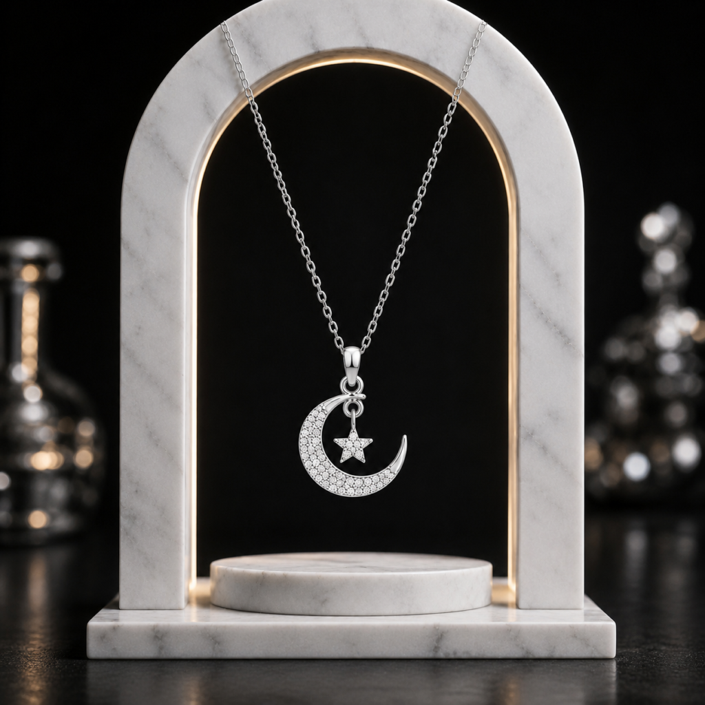 Mairah Silver Sparkling Crescent Moon and Star Pendant Necklace