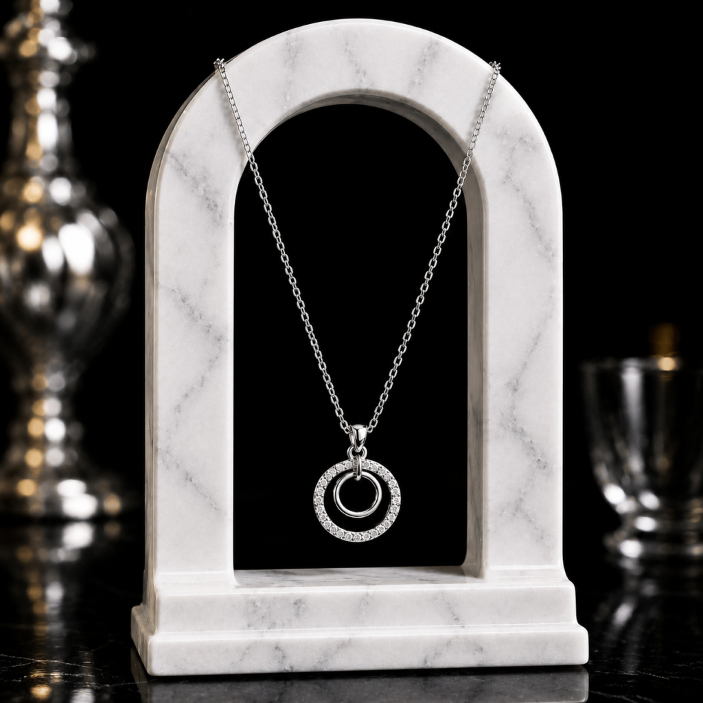 Mairah Silver Dual Circle Sparkling Halo Necklace