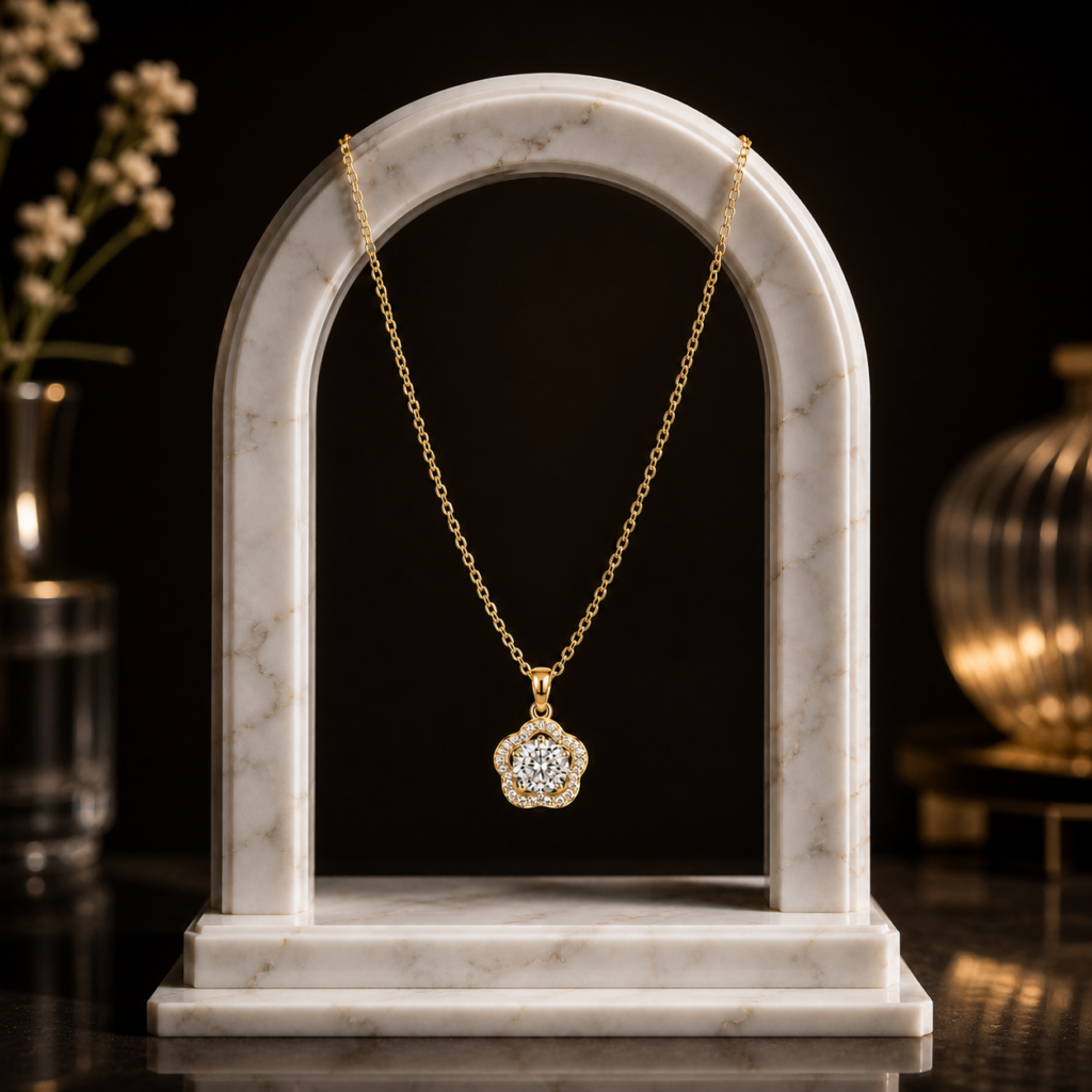Mairah Golden Radiant Floral Solitaire Halo Necklace