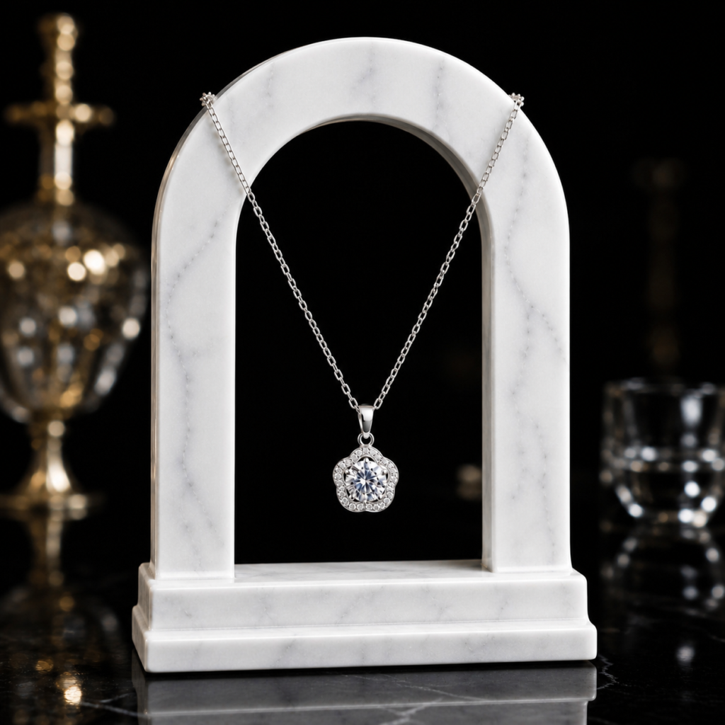 Mairah Silver Radiant Floral Solitaire Halo Necklace