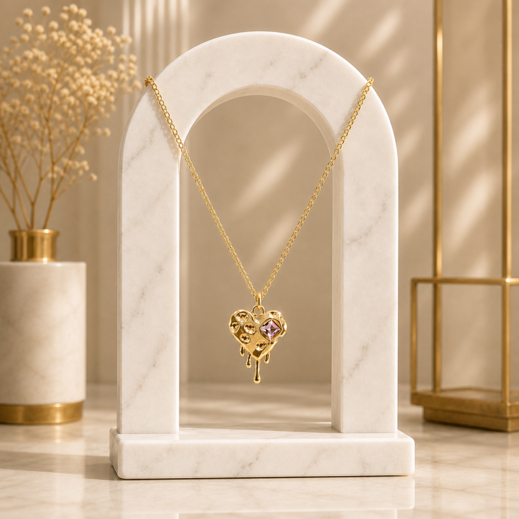 Gold Melting Heart With Single Pink Crystal Locket Chain