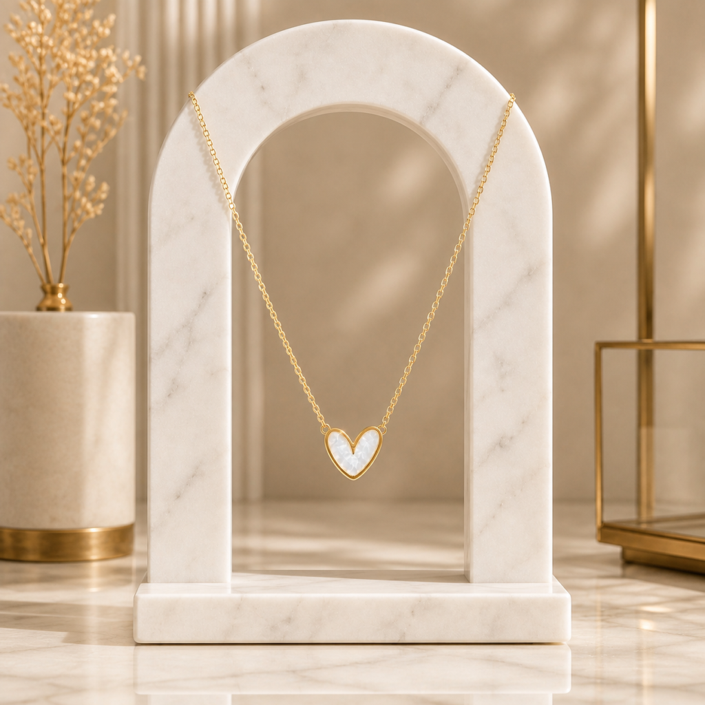 Gold White Inlay Heart Locket With Chain