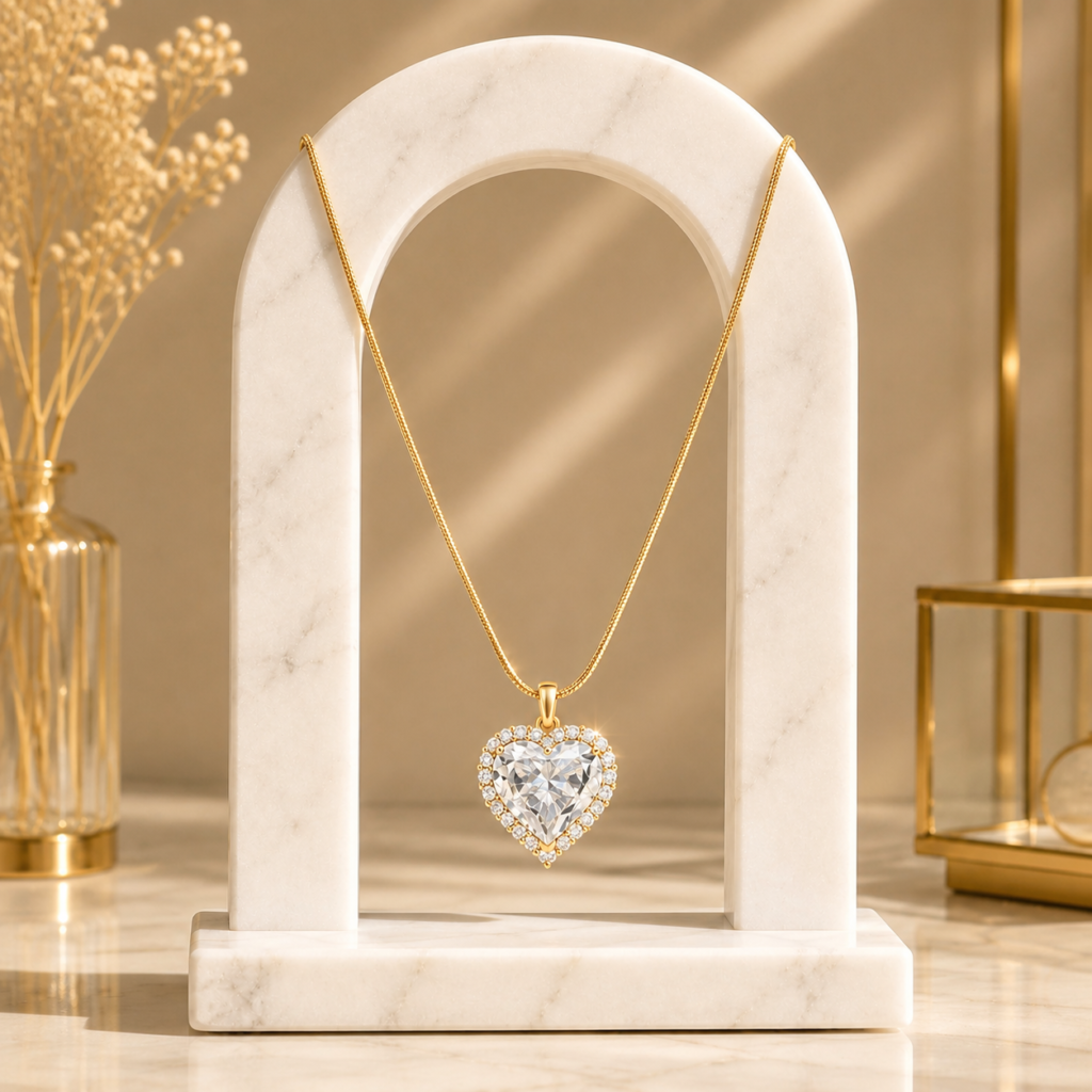 Gold Crystal Halo Statement Heart Locket With Chain