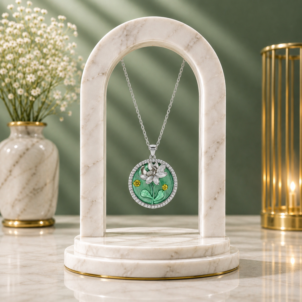 Mairah Luxury Green Enamel Lotus Halo Pendant with Chain