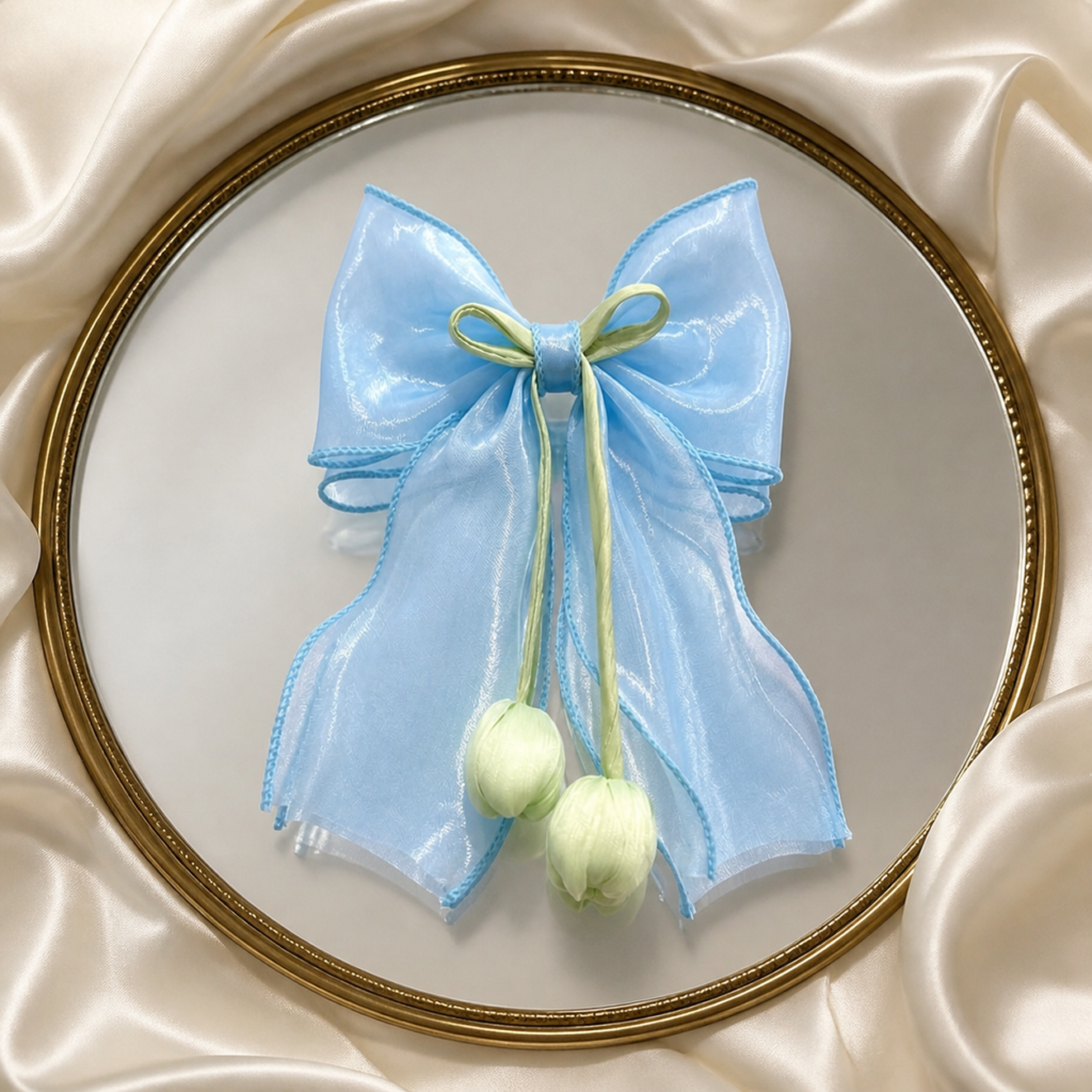 Blue Organza Tulip Bow Hair Clip