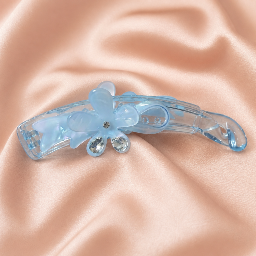 Pastel Blue Floral Rhinestone Banana Hair Clip