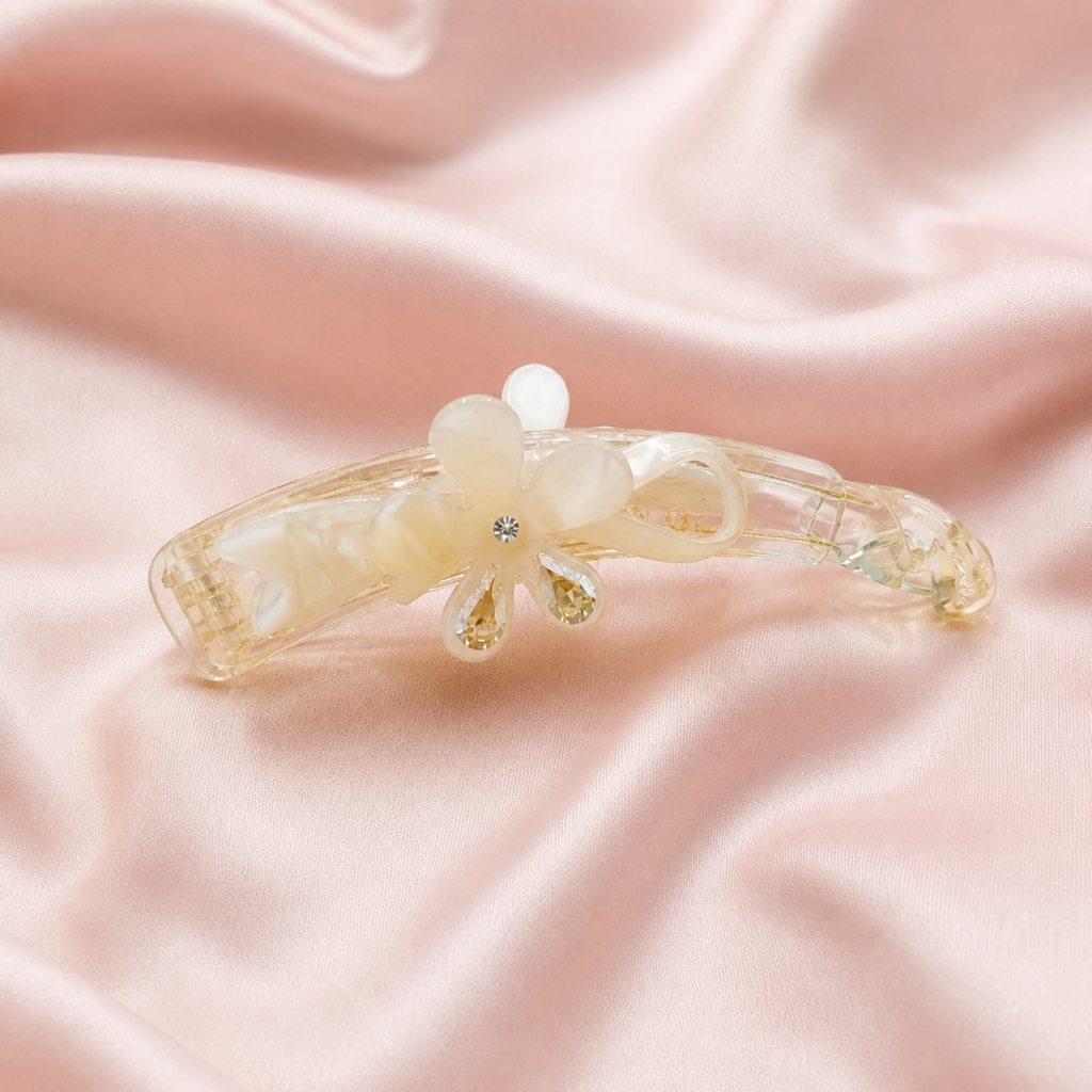 Pastel Cream Floral Rhinestone Banana Hair Clip