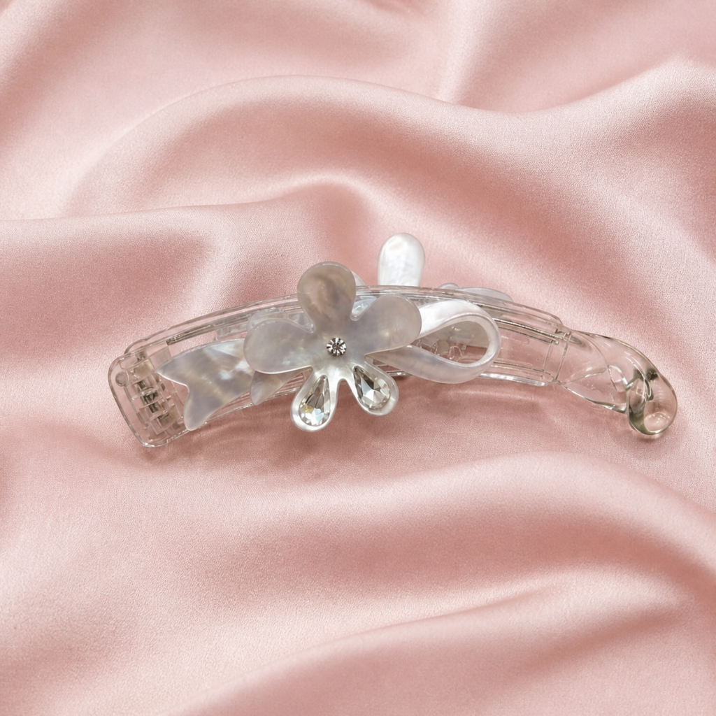 Pastel Grey Floral Rhinestone Banana Hair Clip