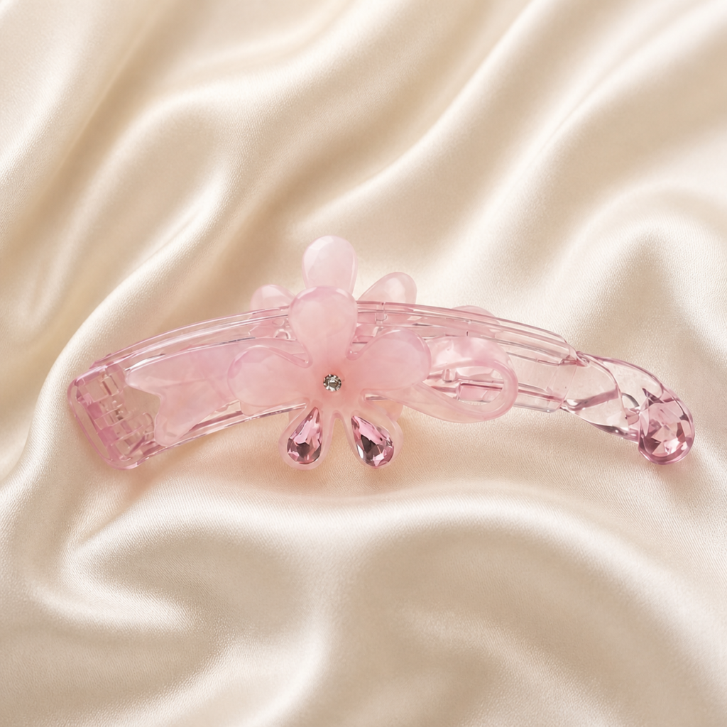 Pastel Pink Floral Rhinestone Banana Hair Clip