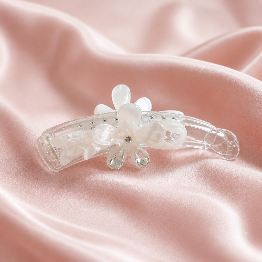 Pastel White Floral Rhinestone Banana Hair Clip