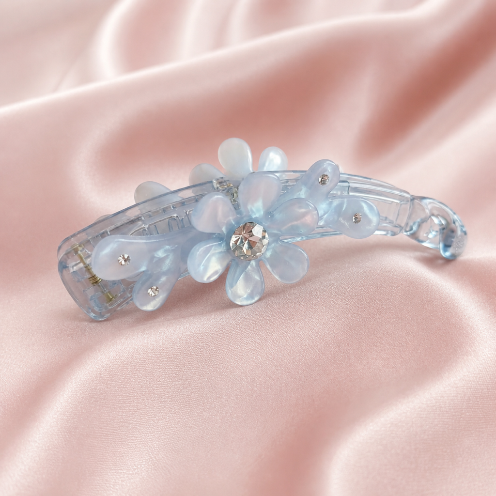 Pastel Blue Multi-Flower Crystal Banana Hair Clip
