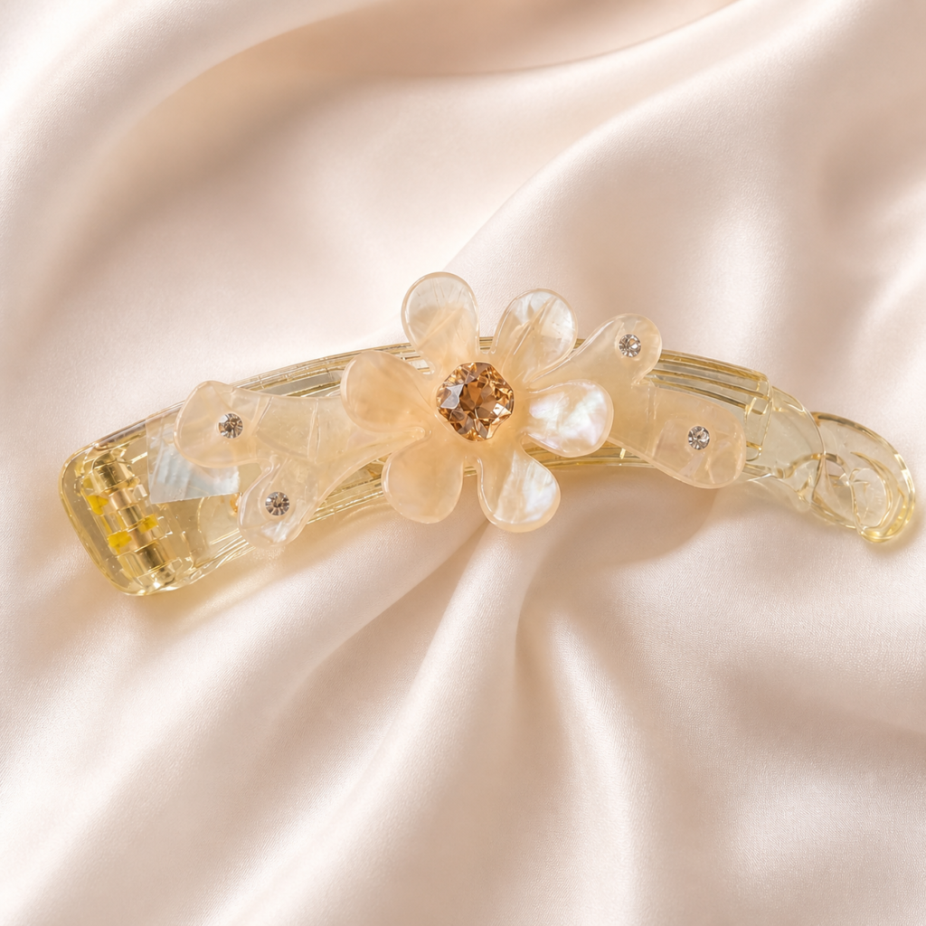 Pastel Cream Multi-Flower Crystal Banana Hair Clip