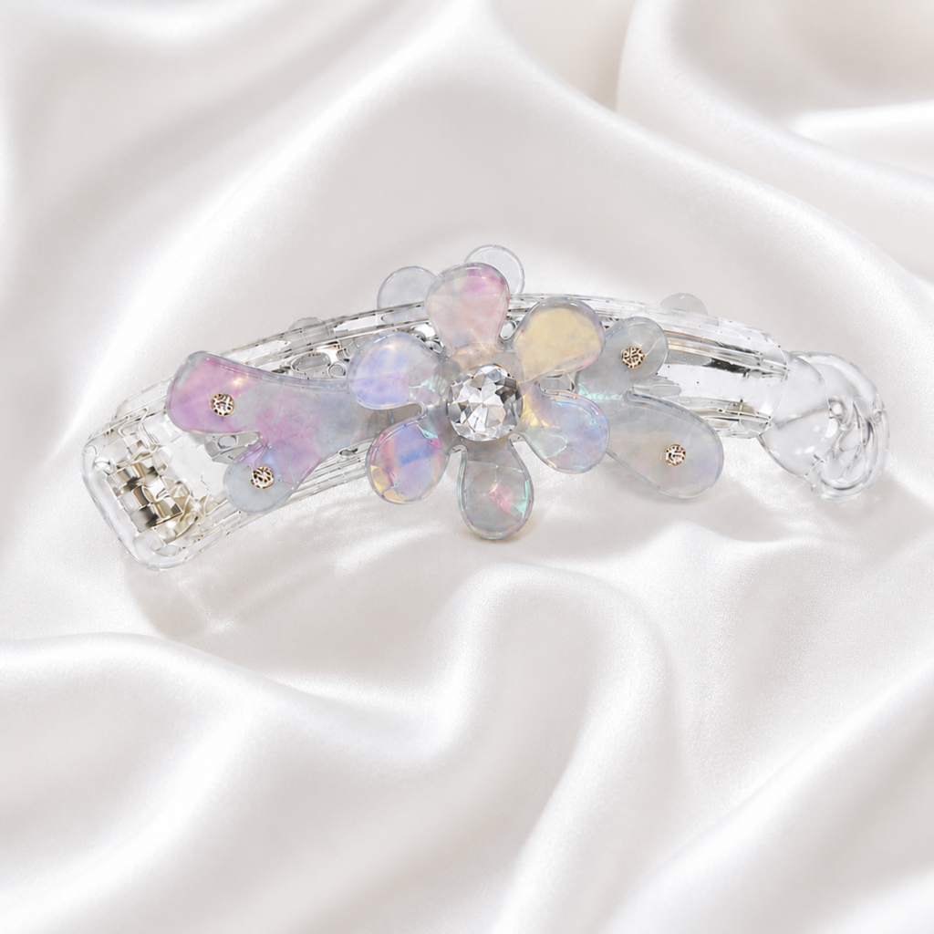 Pastel Grey Multi-Flower Crystal Banana Hair Clip