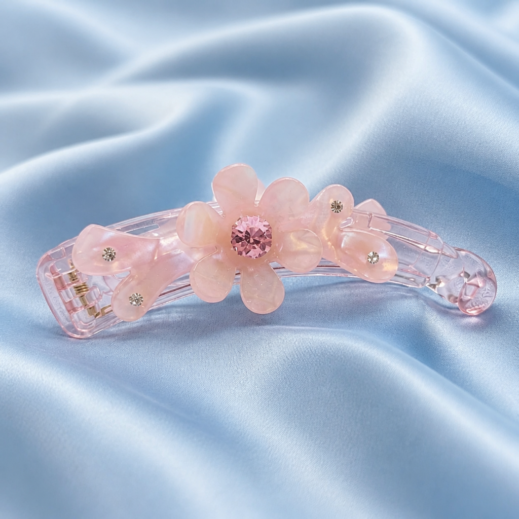Pastel Pink Multi-Flower Crystal Banana Hair Clip