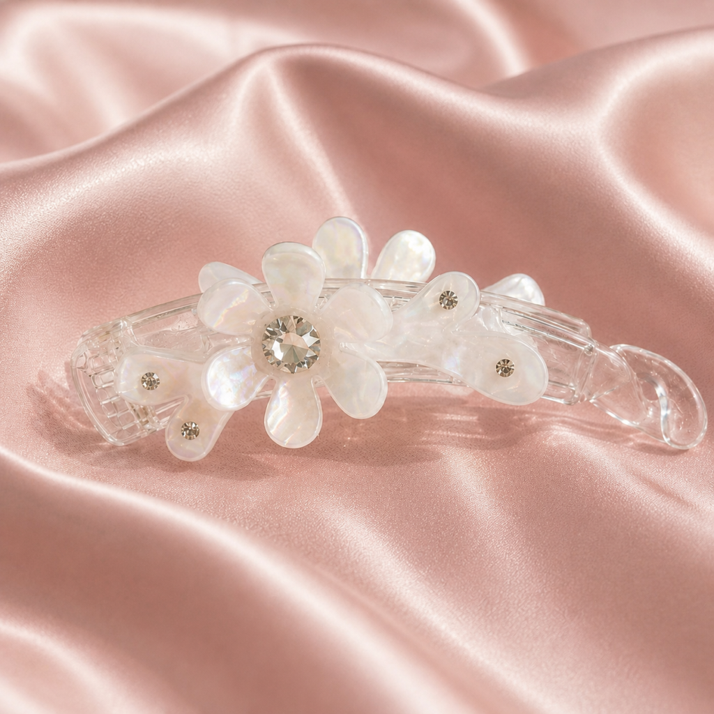 Pastel White Multi-Flower Crystal Banana Hair Clip