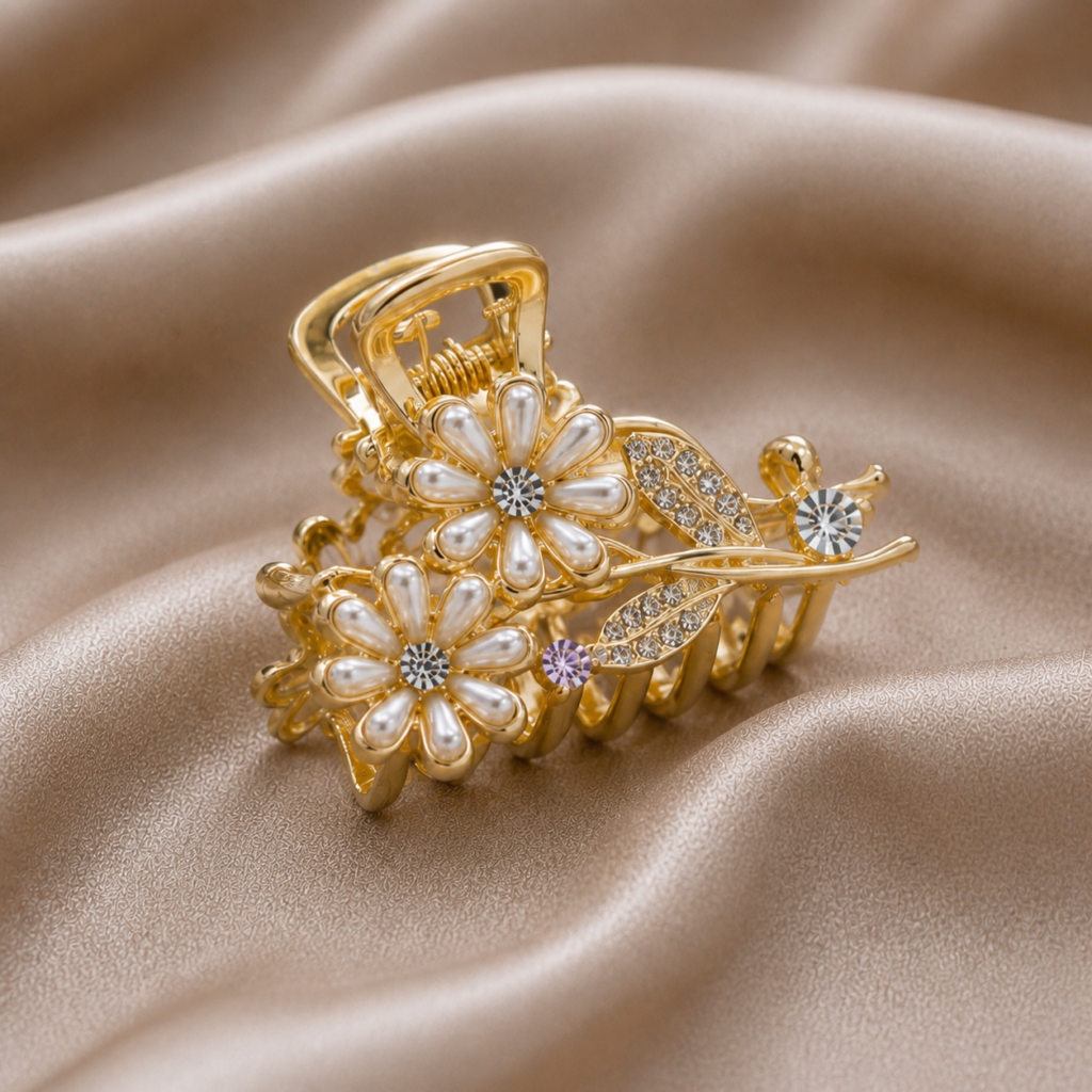 Gold Floral Pearl Metal Hair Claw Clip