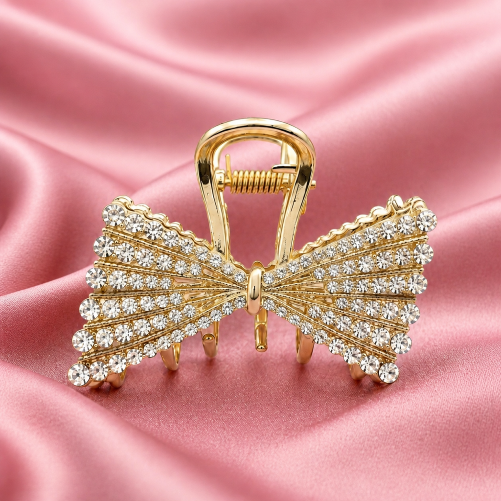 Gold Bow Rhinestone Metal Hair Claw Clip