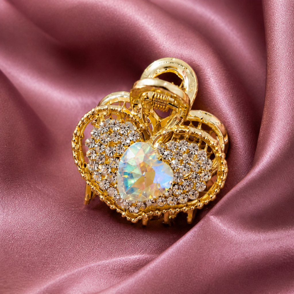 Gold Heart Rhinestone Metal Hair Claw Clip
