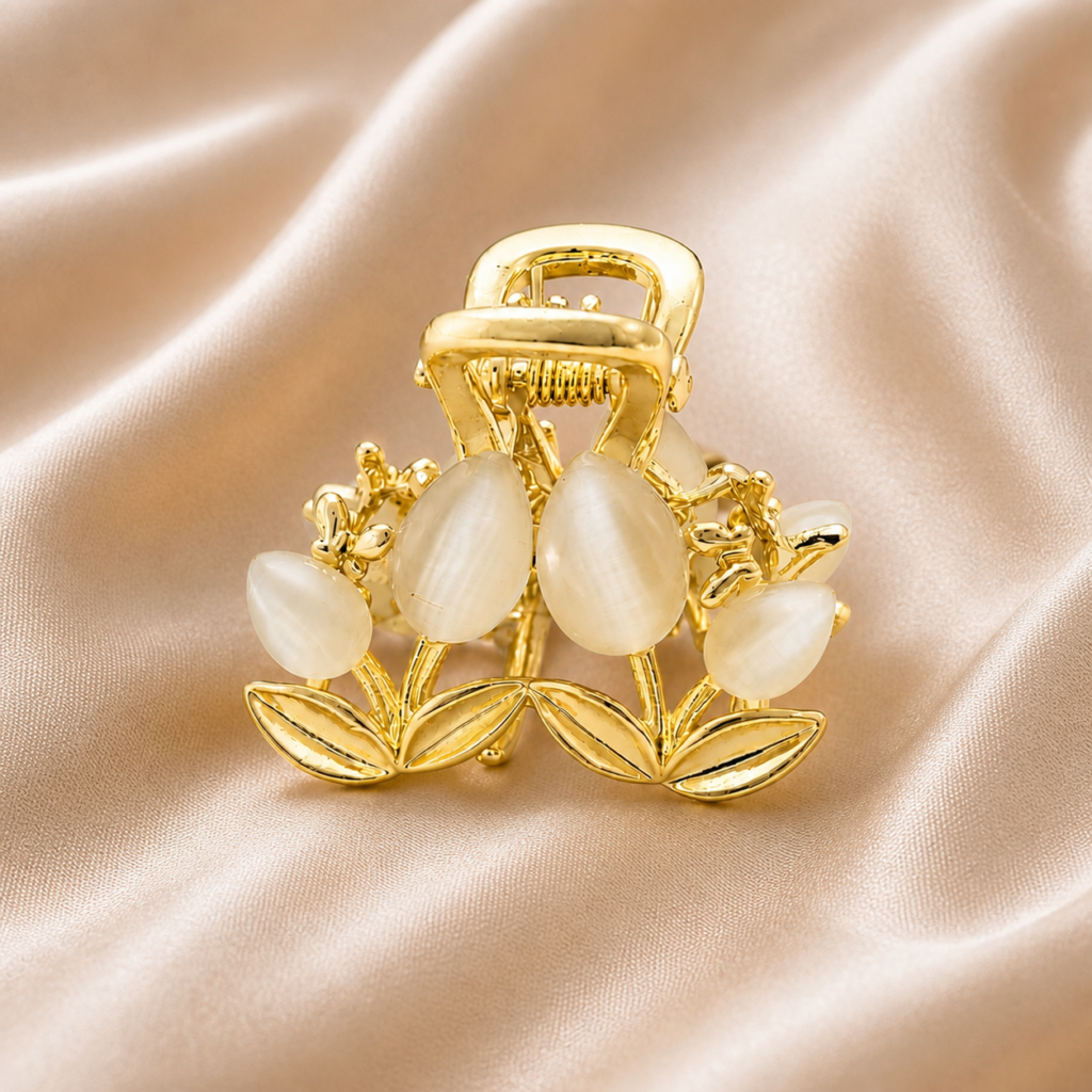 Gold Tulip Cats Eye Metal Hair Claw Clip