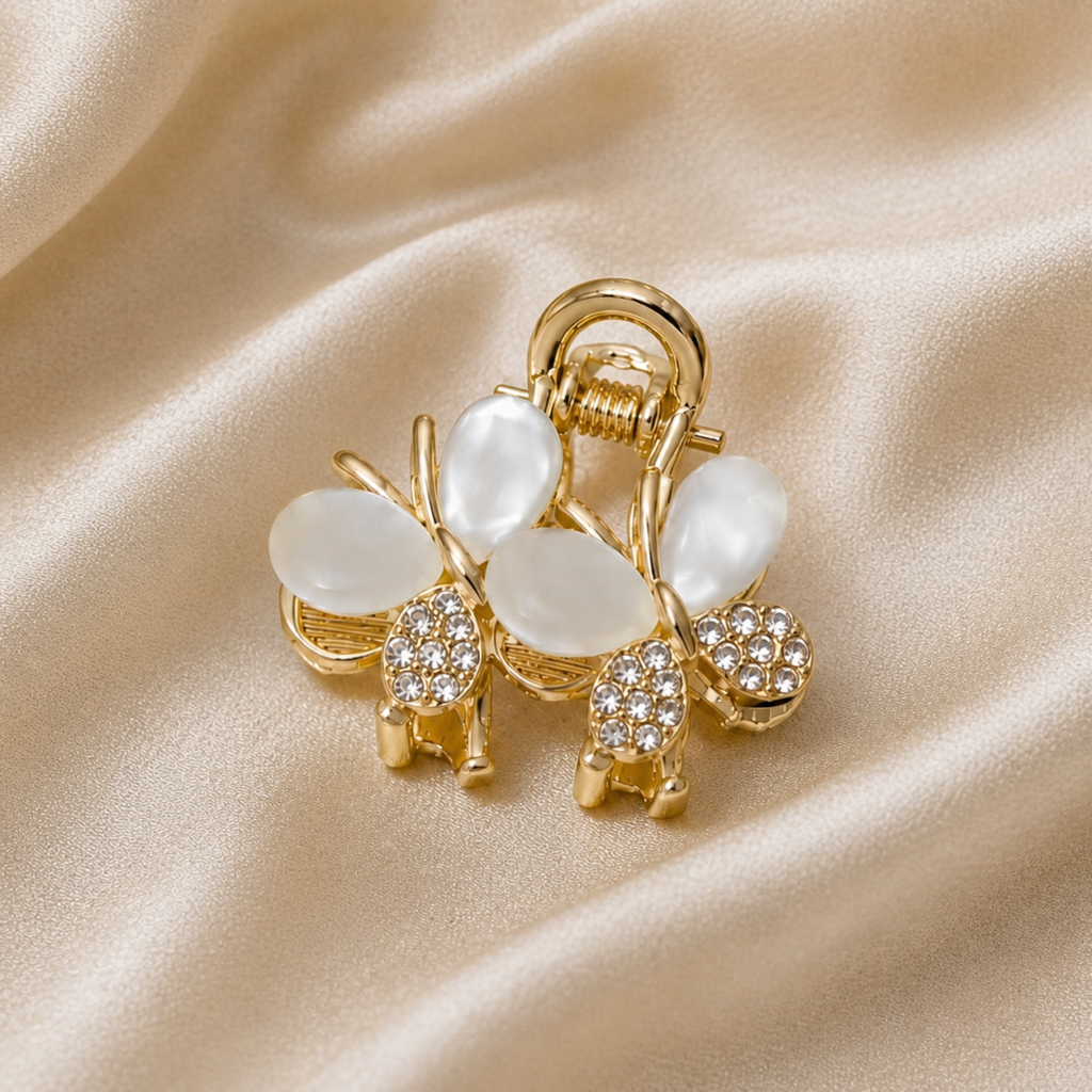 Gold Double Butterfly Cats Eye Metal Hair Claw Clip