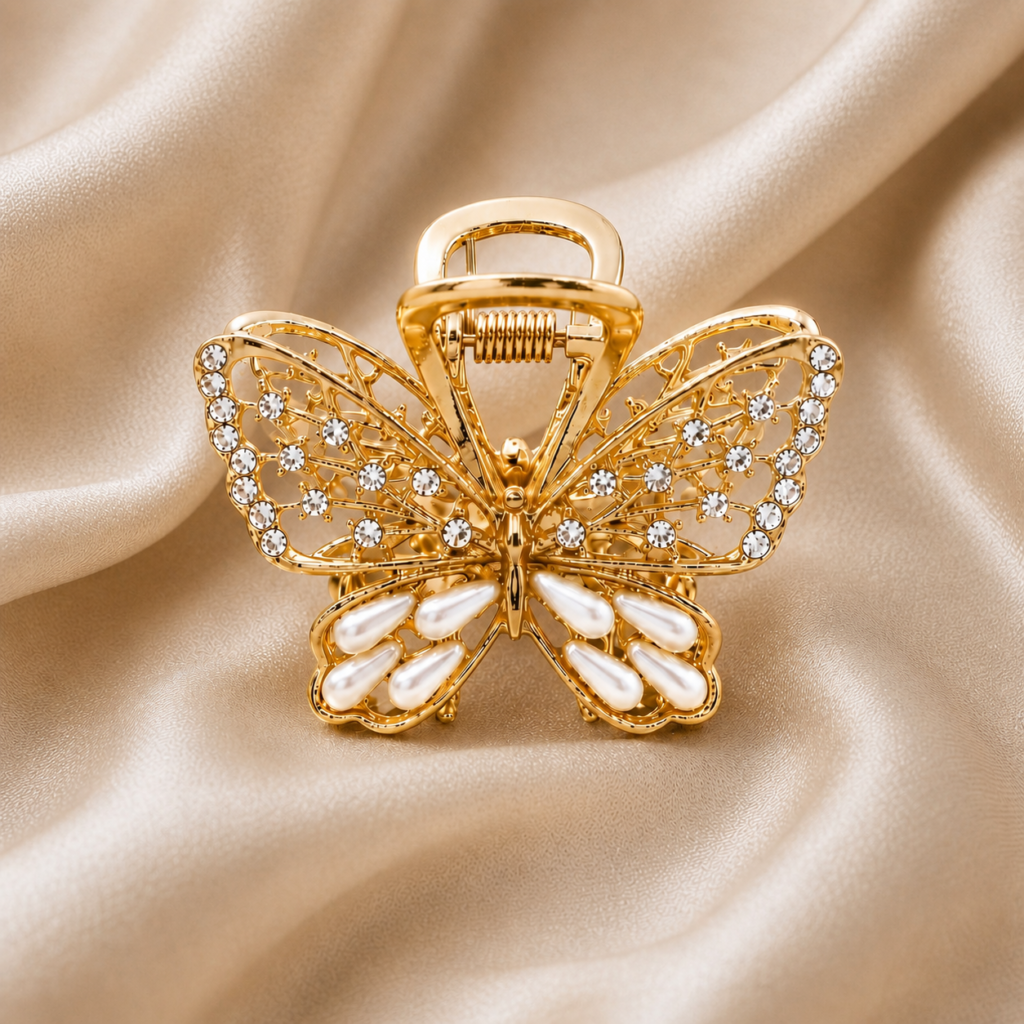 Gold Butterfly Pearl & Rhinestone Metal Hair Claw Clip